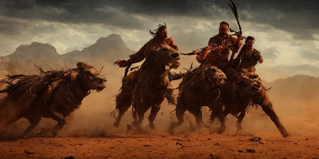 Image similar to indian on ancient atv attacking bufallos, action scene, an epic western, dramatic lighting, cinematic, establishing shot, extremely high detail, photorealistic, cinematic lighting, artstation, octane render, old photo, buffalo hunt movie, alpha movie, western