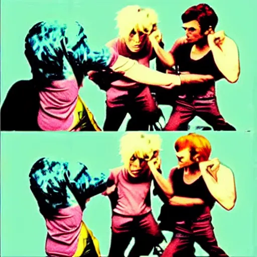 Image similar to andy warhol punching andy warhol, art by andy warhol