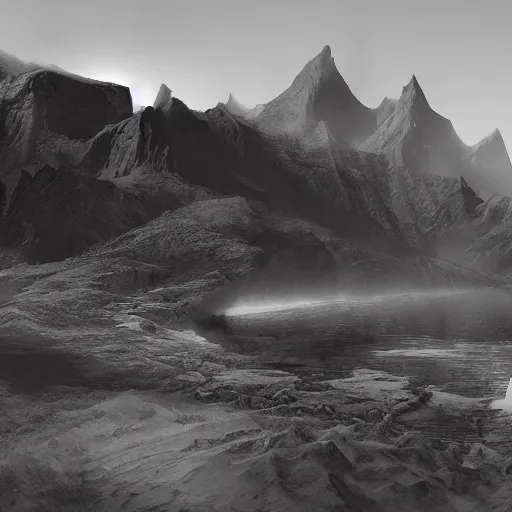 Prompt: black and white matte painting by Sam Weber
