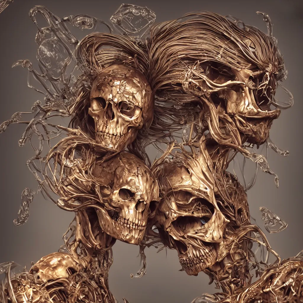 Image similar to close-up macro portrait of the face of a beautiful princess with animal skull mask, epic angle and pose ribcage skeleton, symmetrical artwork, 3d with depth of field, blurred background, cybernetic jellyfish female face skull phoenix bird, translucent, nautilus, energy flows of water and fire. a highly detailed epic cinematic concept art CG render. made in Maya, Blender and Photoshop, octane render, excellent composition, cinematic dystopian brutalist atmosphere, dynamic dramatic cinematic lighting, aesthetic, very inspirational, arthouse. y Greg Rutkowski, Ilya Kuvshinov, WLOP, Stanley Artgerm Lau, Ruan Jia and Fenghua Zhong