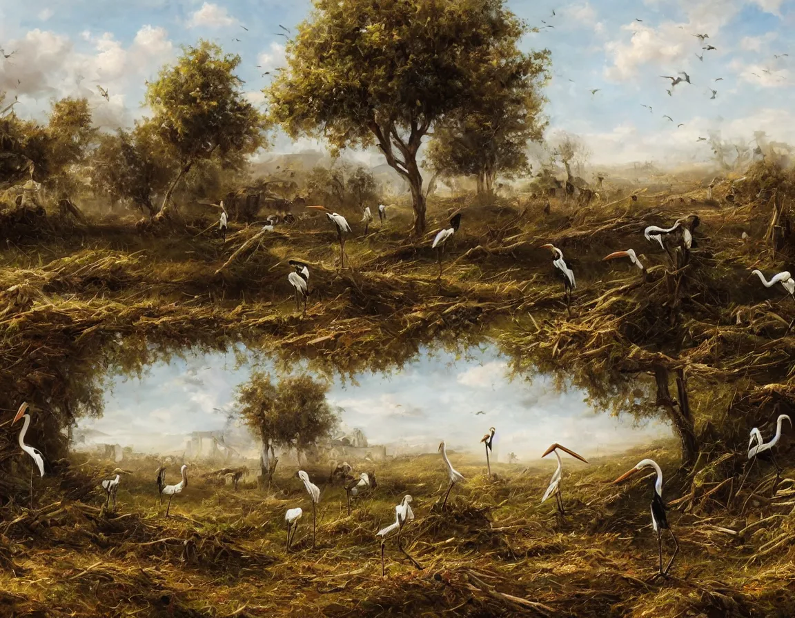 Prompt: the beautiful oil painting of the pair of storks walking by the field and looking to the destroyed weapons and war tanks, destroyed tanks and shelling on the background, trending on artstation, digital art, highly detailed, canvas oil painting