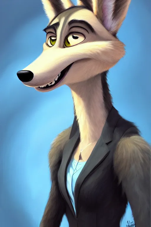 Image similar to oil painting of anthromorphic female wolf, in style of zootopia, female fursona, furry, furaffinity, 4 k, deviantart, furry art, fursona art, wearing black business suit, business suit, wolf fursona, female, very expressive detailed feminine face,