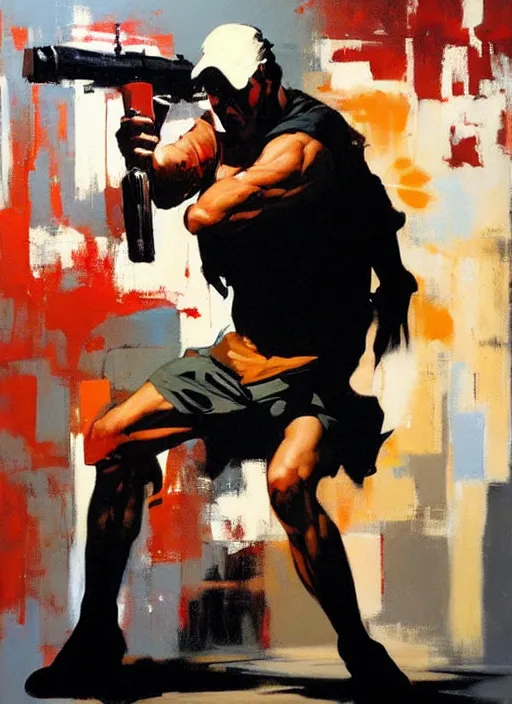 Prompt: lalo salamanca shooting howard hamlin, painting by phil hale, 'action lines'!!!, graphic style, visible brushstrokes, motion blur, blurry