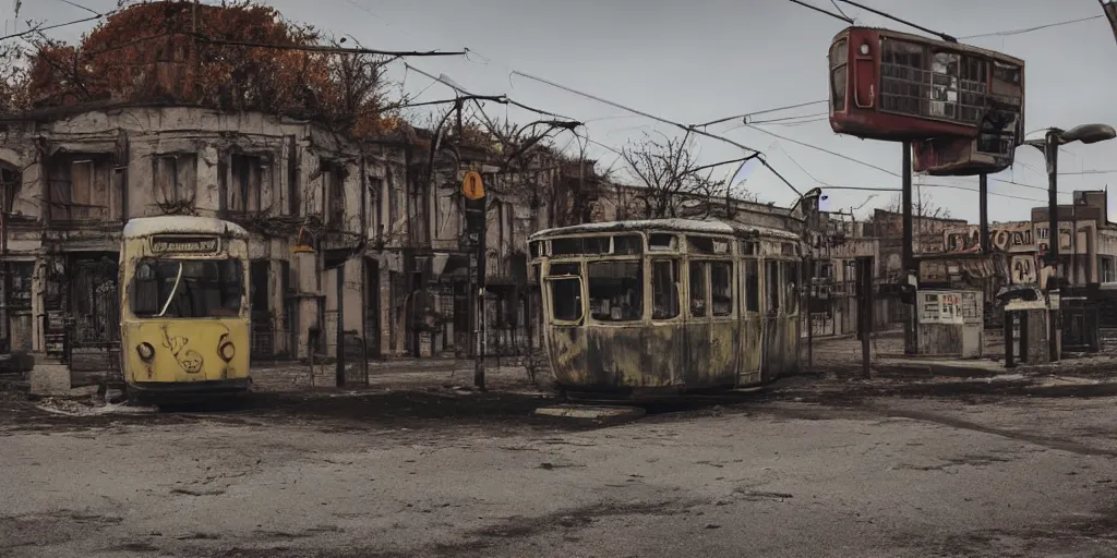 Image similar to low wide angle shot of dilapidated fallout 5 europa, temperate european small town, desolate, dilapidated neon signs, few rusted retro futuristic vintage parked vehicles like cars, buses, trucks, trams, volumetric lighting, photorealistic, daytime, autumn, sunny weather, sharp focus, ultra detailed, 4 0 0 0 k