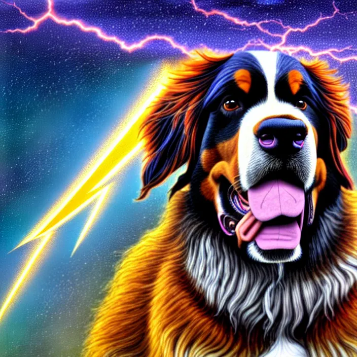 Image similar to an anthropomorphic male bernese mountain dog ( wearing a toga ), shooting lightning bolts, by alex grey, intricate details, artstation, furry, psychedelic, hd, beautiful