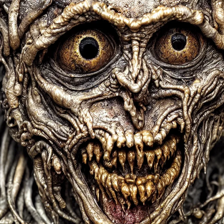 Image similar to photo taken of an epic intricate, ultra detailed, super realistic gritty, wet, lifelike sculpture of a nightmarish hellish alien ghoulish creature created by weta workshop, zoomed in shots, subsurface scattering, photorealistic, sharp focus, white wall coloured workshop, cold colour temperture, f 0. 4, face centred, golden ratio, golden hour