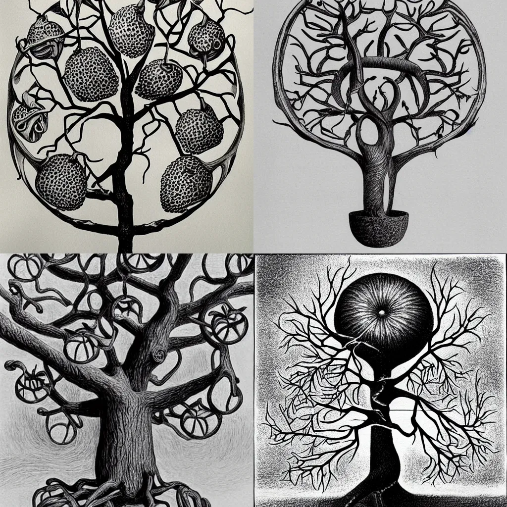 Prompt: alien fruit tree drawn by MC Escher, photorealistic