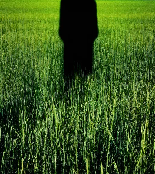 Prompt: shadow person figure standing in meadow of grass, film photo, grainy, high detail, high resolution