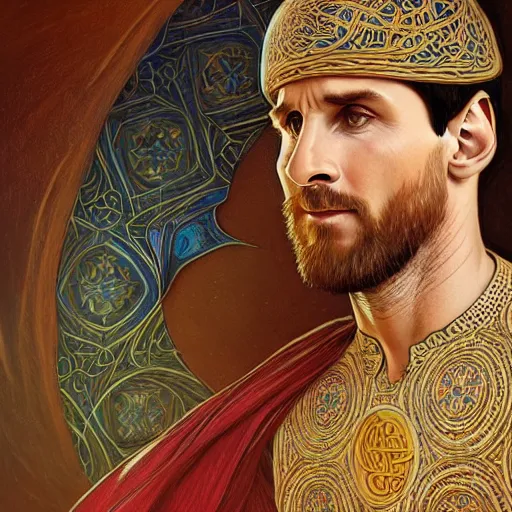 Prompt: lionel messi wearing islamic clothes, d & d, fantasy, intricate, elegant, highly detailed, digital painting, artstation, concept art, matte, sharp focus, illustration, art by artgerm and greg rutkowski and alphonse mucha