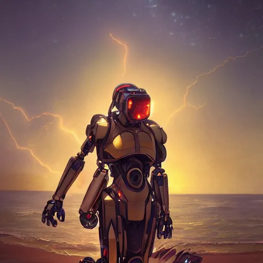 Prompt: movie poster of a scifi mech robot is on a beach, at dusk, art by greg rutkowski and alphonse mucha. golden ratio, rule of thirds, colorful, highly detailed, trending on artstation, 4 k, epic, cinematic lightning