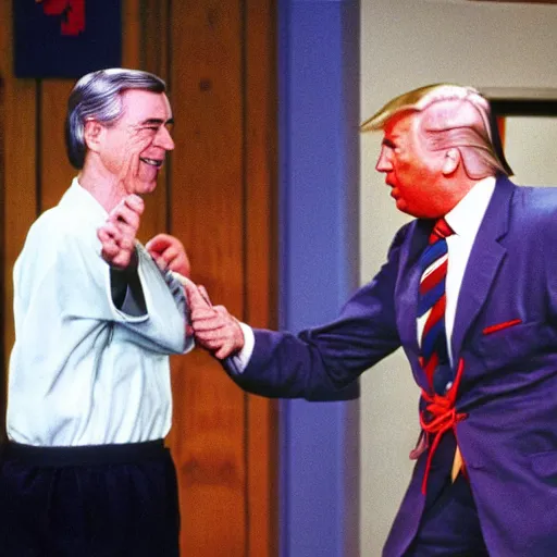 Image similar to Mr. Rogers sparring with Donald Trump in the karate style of Wado-ryu, neon karate gi