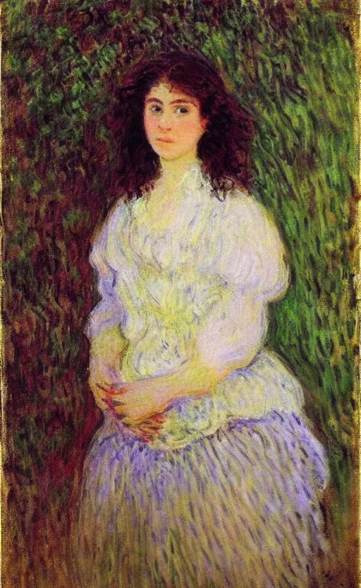 Prompt: portrait by claude monet! of a young woman, frizzy hair! short hair! flowers in the hair, 1 9 th century!