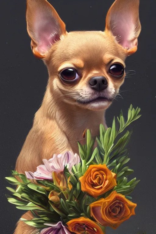 Image similar to ultra realistic illustration, portrait of a tan chihuahua bouquet, close up shot, fantasy, intricate, elegant, highly detailed, digital painting, artstation, concept art, smooth, sharp focus, illustration, surrealism