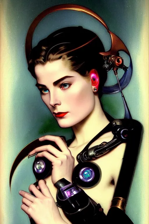Image similar to young and beautiful evil cyborg grace kelly by future steichen in the style of tom bagshaw, alphonse mucha, gaston bussiere, cyberpunk. anatomically correct elegant cybernetic body mods. extremely lush detail. masterpiece. melancholic scene infected by night. perfect composition and lighting. sharp focus. high contrast lush surrealistic photorealism. sultry evil.
