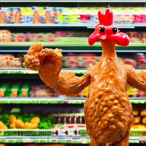 Image similar to anthropomorphic chicken man with chicken arms carefully considering chicken options in grocery store aisle, 8K hyper realistic render,