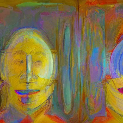 Image similar to two abstract humans from 2 abstract coloured universes, looking at each other in a mirror, across space and time, high definition photorealism, super wide angle lens w 1 0 2 4 h 7 9 8