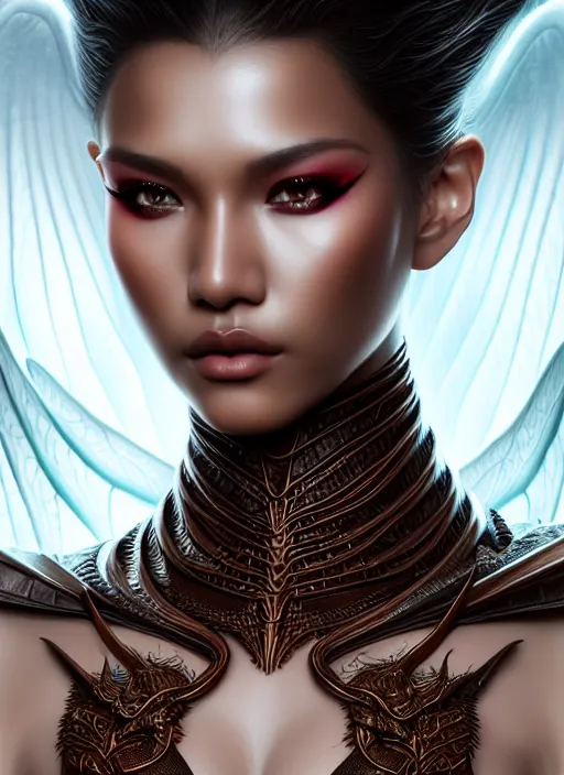 Image similar to portrait of dragon maiden model, intricate, sharp focus, octane render, brown skin, realistic render, detailed, beautiful, unreal engine, symmetrical!!, maybelline, sephora, loreal, artstation, art by artgerm, rossdraws, art by karol bak, makeup by pat mcgrath, cinematic, concept art, filmic, vsco