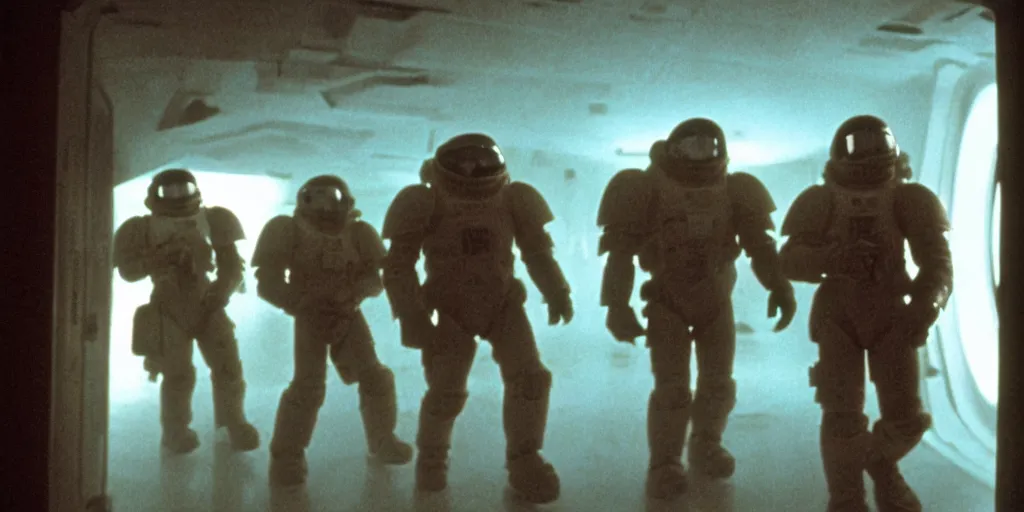 Image similar to color film still, space marines in the dark hallway, space ship ; misty, ; alien 2 ( 1 9 8 6 )