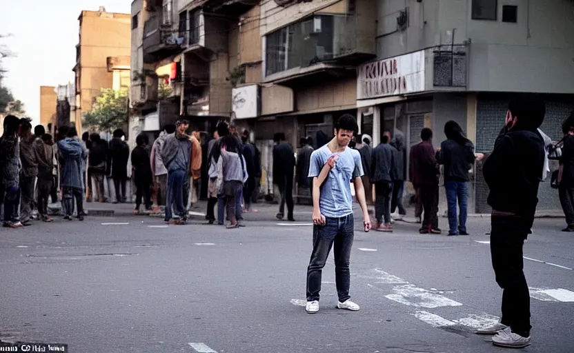 Image similar to a frightened young man in a street surrounded by people without eyes. people are starting at crt televisions on the corners s 1 5 0