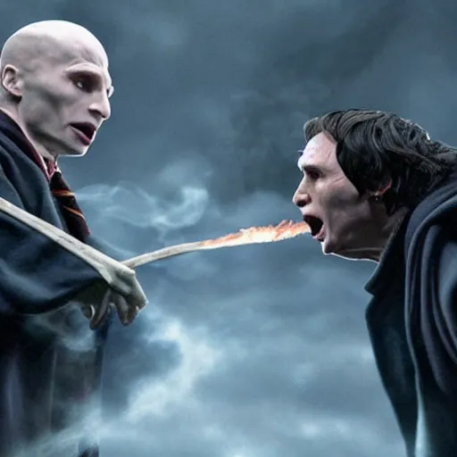 Image similar to harry potter fighting a voldemort 4k epic scene