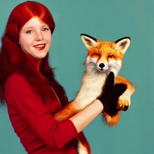 Prompt: portrait of a red haired woman, in 7 0 s clothes, holding a fox over her head while roller skating