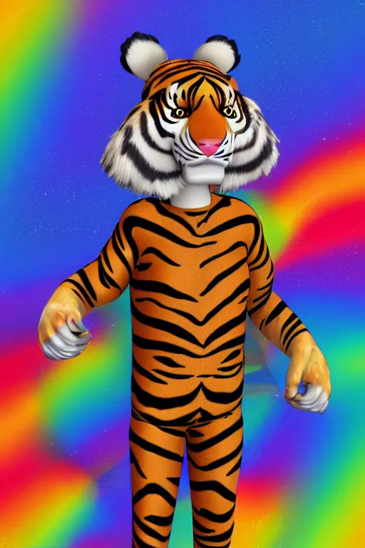 Prompt: Male Anthropomorphic Furry Tiger as Police ,fullbody, Rainbow Background, 8k Photo Realistic