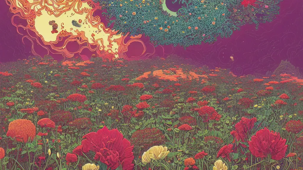 Image similar to highly detailed illustration of a world growing all kinds of flowers by kilian eng, by moebius!, by oliver vernon, by joseph moncada, by damon soule, by manabu ikeda, by kyle hotz, by dan mumford, by kilian eng