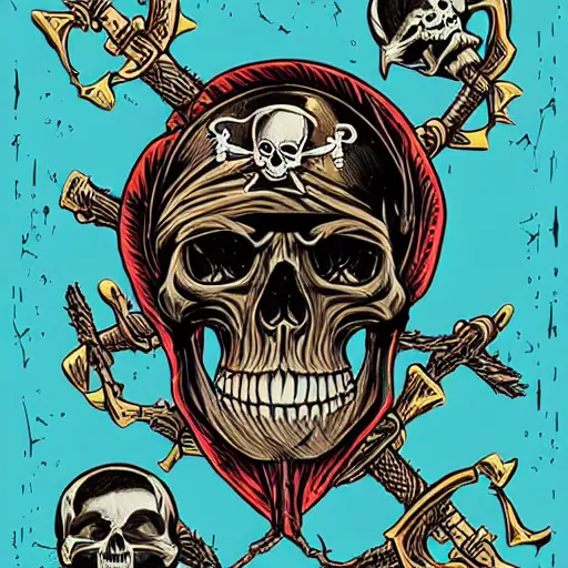 Image similar to a pirate flag, skull design for a rock band, art by Dan Mumford and Alex Pardee , intricate, D&D, dark fantasy,