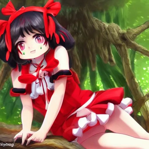 Image similar to a imaginefx pixiv artstation of reimu in the jungle wearing bonnet