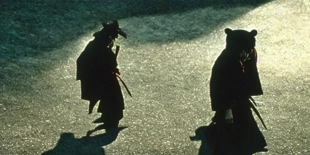 Image similar to scene from Shogun’s Shadow, 1989, movie still, cinematic, anthropomorphic half man half bear, epic, samurai