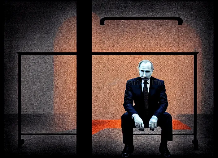 Image similar to Vladimir Putin as sad Keanu on a prison bench,behind bars, modern art deco, Mads Berg, Karolis Strautniekas,stippled light, dramatic lighting,fine texutre, editorial illustration,matte print, film noir, dark blue+dark orange+orange+beige+black+white,dynamic composition,moody, bauhaus