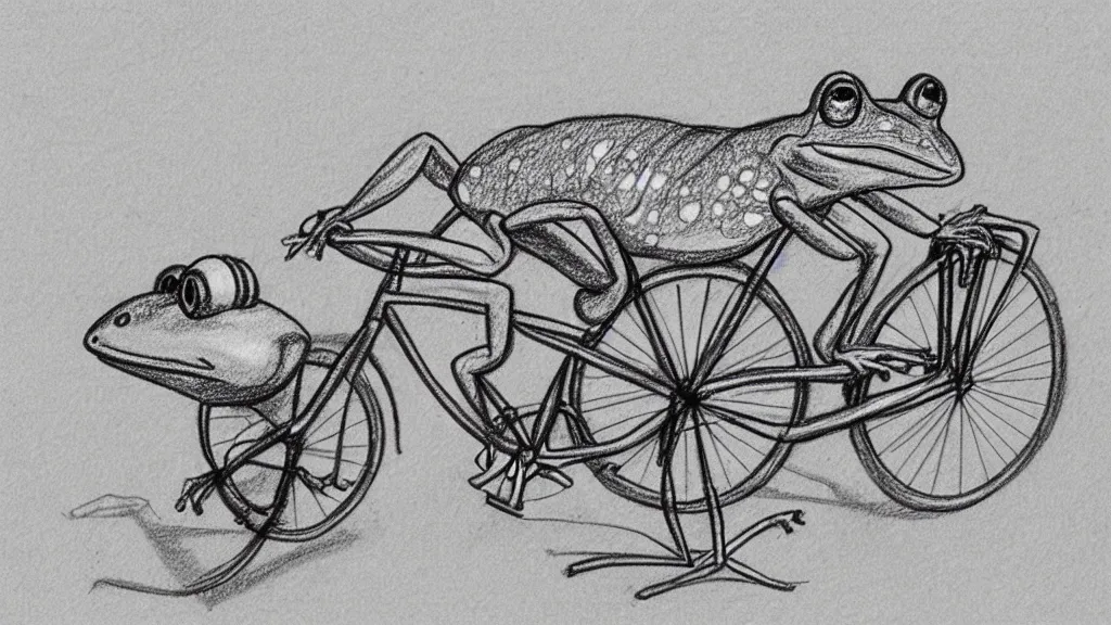 Prompt: a pencil sketch of a frog riding a bicycle