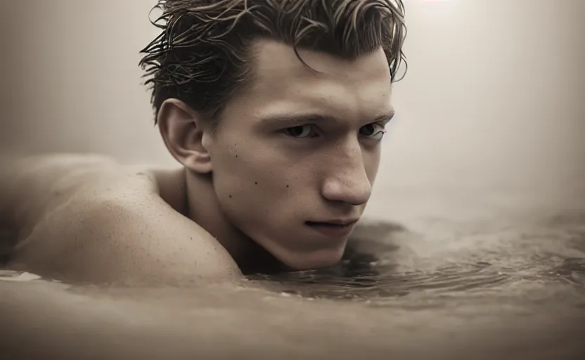 Prompt: photographic portrait by Annie Leibovitz of Tom Holland in a hot tub, foggy, sepia, moody, dream-like, sigma 85mm f/1.4, 15mm, 35mm, 4k, high resolution, 4k, 8k, hd, full color