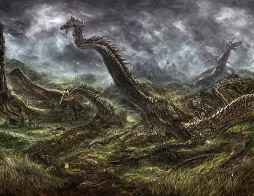 Image similar to fantasy landscape. very wide valley with a giant dragon skeleton at the bottom ( central ), woodland growing around the skeleton. digital art.