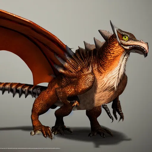 Prompt: medium sized brown feathered wyvern that stands on 2 legs with razor sharp teeth and sharp claws, extremely detailed, 4 k, photorealistic, artstation