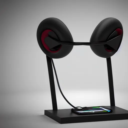 Image similar to product still of headphone stand, futuristic, techno, cyberpunk, product design, 3 d render, concept, fun, swag