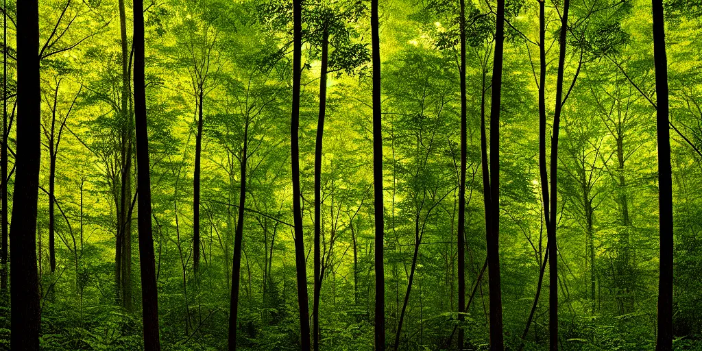 Prompt: lush american broadleaf deciduous forest, against light, glare, bright details, contrasting, daylight, highly detailed, by dieter rams 1 9 9 0, national geographic magazine, reportage photo, natural colors