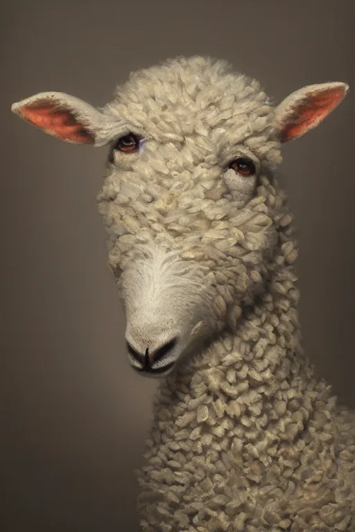 Image similar to anthropomorphic sheep as a ryan, oil on canvas, intricate, portrait, 8 k highly professionally detailed, hdr, cgsociety