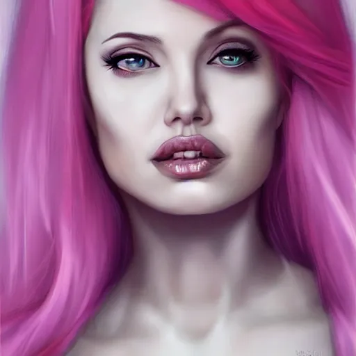 Image similar to pink hair angelina jolie by wlop and ross tran and sakimichan