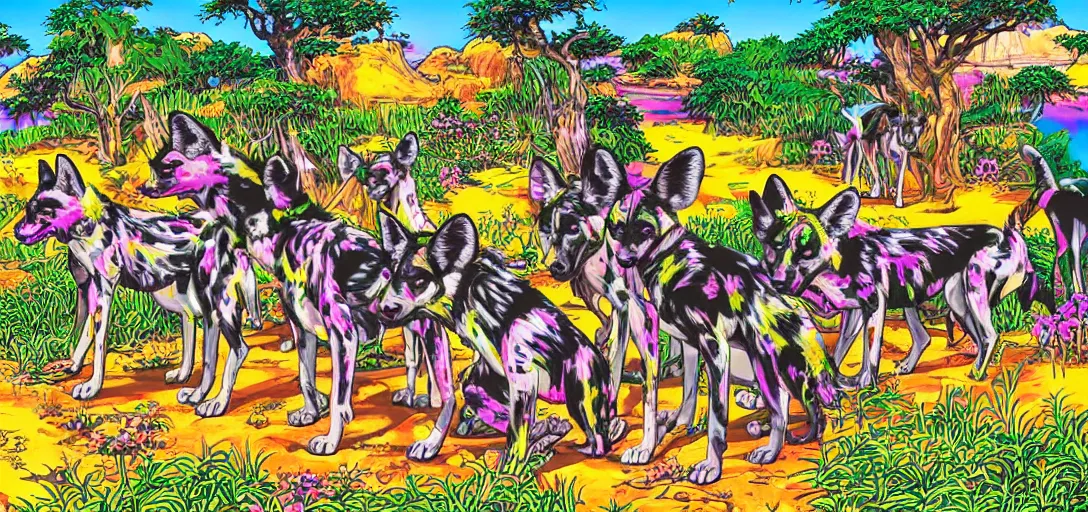 Image similar to pack of african wild dogs near a watering hole, painted by studio ghibli studio matako Lisa Frank with psychedelic colors