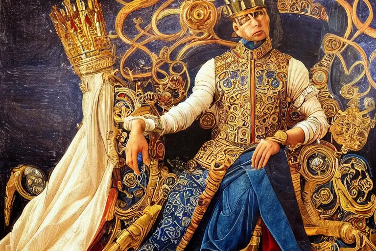 Prompt: beautifully painted mural portrait of a cyborg king in ornate royal garments sitting in his royal throne room, piercing glowing eyes, intricate, elegant, incredible lighting, sci fi scenery, fantasy setting, vogue cover poses, mural in the style of sandro botticelli, caravaggio, albrecth durer