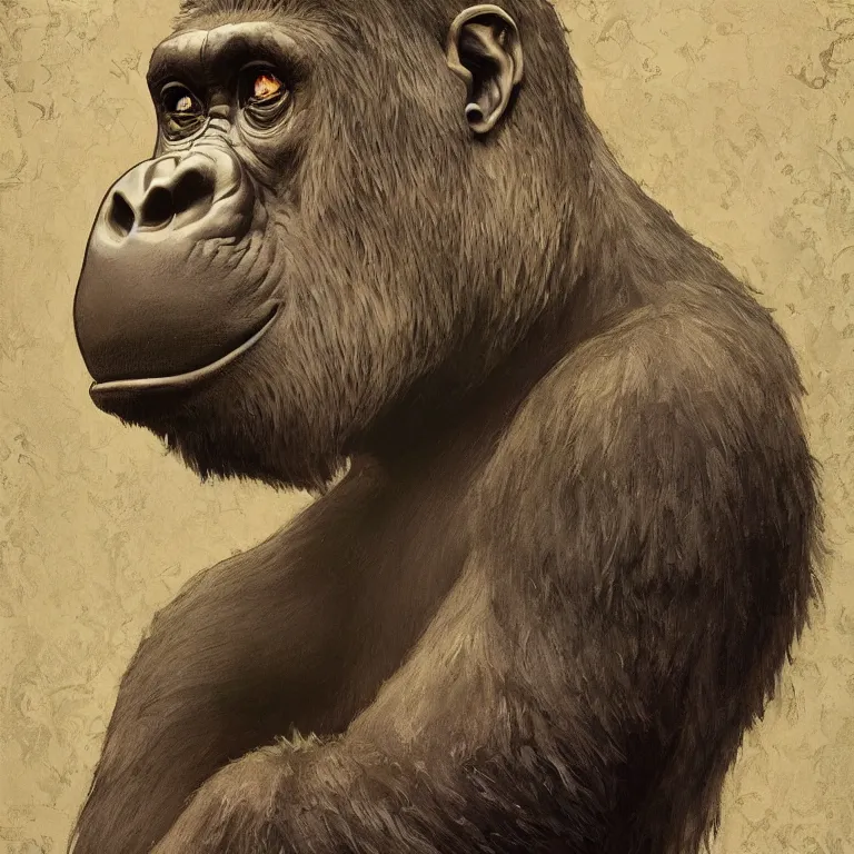 Image similar to a highly detailed Art Nouveau character portrait of a serious gorilla wearing a tailored business suit, intricate, wild, digital painting, artstation, concept art, smooth, sharp focus, illustration, art by artgerm and greg rutkowski and alphonse mucha