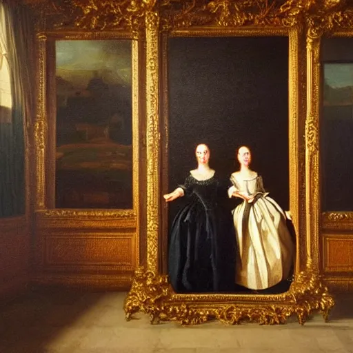 Prompt: oil on canvas. two women in a vast castle lobby wearing fine clothes. dark room with light coming through the right side of the place. baroque style 1 6 5 6. high quality painting, no distortion on subject faces.