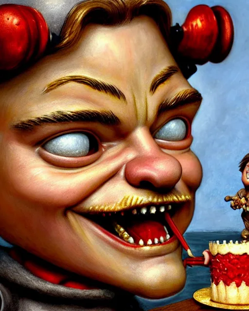 Image similar to highly detailed closeup, face profile portrait of a tin toy leonardo dicaprio as a medieval goblin eating cakes in a castle, hyper realistic, artstation, illustration, nicoletta ceccoli, mark ryden, lostfish, dan decarlo, bob clampett, max fleischer, digital paint, matte paint, vivid colors, detailed and intricate environment