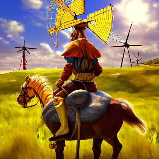 Image similar to portrait of don quixote sitting on a pikachu, windmill, summer, sun in the zenith, digital art, highly detailed, stunning scene, realism, stunning scene, bright colors, trending on artstation, masterpiece