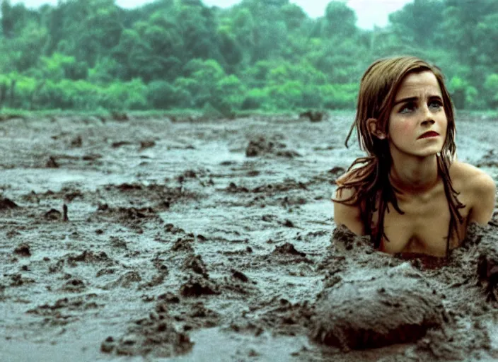 Prompt: film still, close up, emma watson rising out of muddy vietnam river, ( ( face covered in mud ) ), low camera angle at water level, night time, film still from apocalypse now ( 1 9 7 9 ), cinestill colour, anamorphic, 2 6 mm
