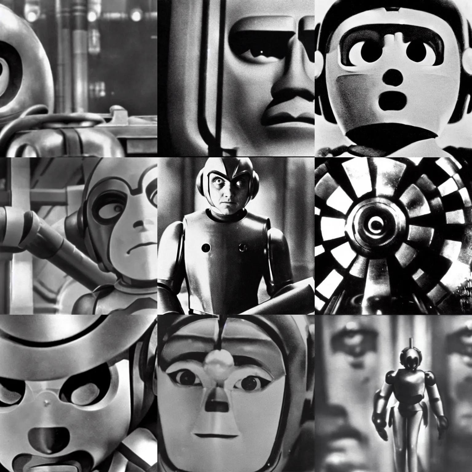 Prompt: film still of megaman in metropolis ( 1 9 2 7 ), photography, close up