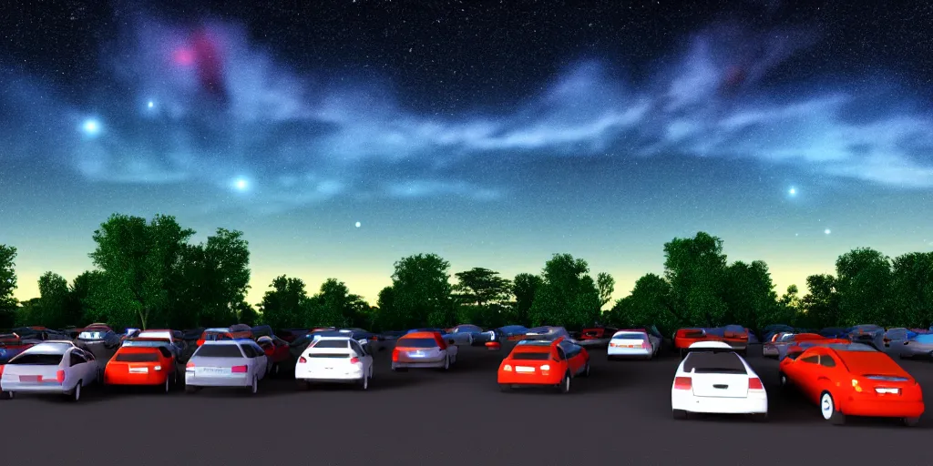 Image similar to a drive in movie theater with row of parked cars, detailed, volumetric lighting, starry night, dusk