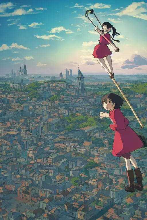 Image similar to A girl on a broomstick flying over the city sky at afternoon ,Medieval Cities ,Eye-catching blue accents,by studio ghibli,Interaction of Color, graphic design