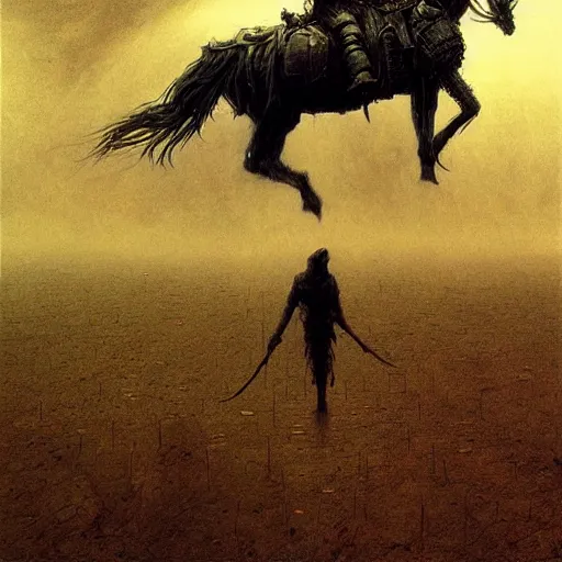 Prompt: cool apocalyptic traveler on a horse through a ruined new york city beksinski art style, highly detailed